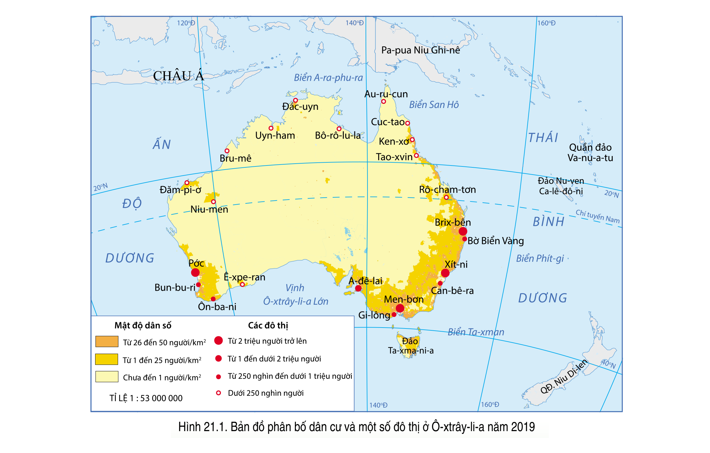 Bản đồ phân bố dân cư và một số đô thị ở Ô-xtrây-li-a