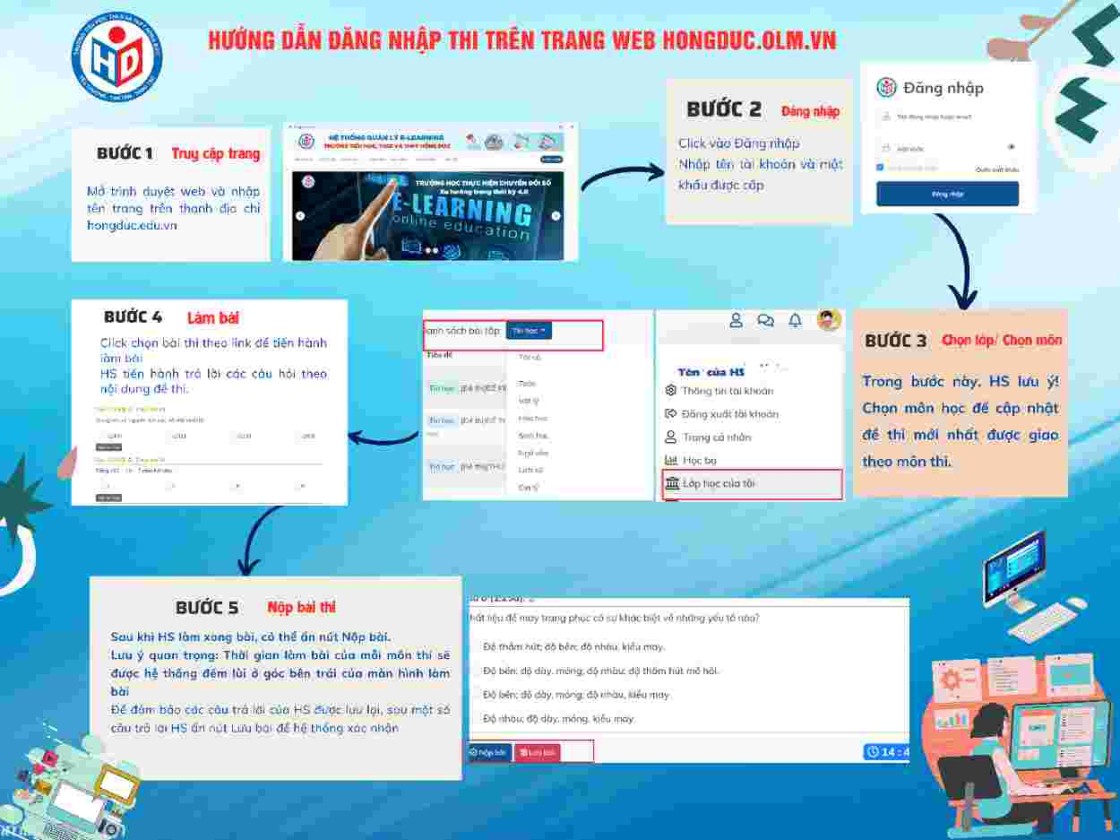 Hướng dẫn các bước thi trên trên máy tính qua trang web hongduc.olm.vn