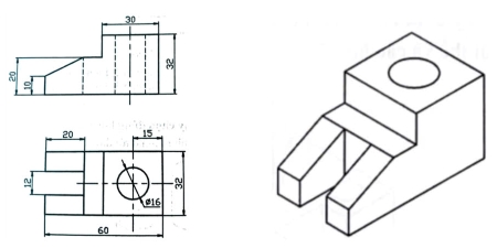 Công nghệ 10, Hình chiếu trục đo của gá lỗ tròn: