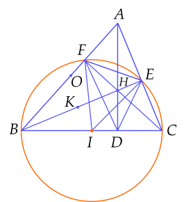 Cho tam giác nhọn $ABC$ có $AB>AC$. Đường tròn $(I)$ đường kính $BC$ cắt $AB, \, AC$ lần lượt tại $F, \, E$. Đường thẳng $BE$ cắt $CF$ tại $H$ và đường thẳng $AH$ cắt $BC$ tại $D$.