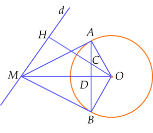 Cho đường tròn $(O;\,R)$ và đường thẳng $d$ không có điểm chung với đường tròn $(O)$. Gọi $H$ là hình chiếu của $O$ trên đường thẳng $d$.