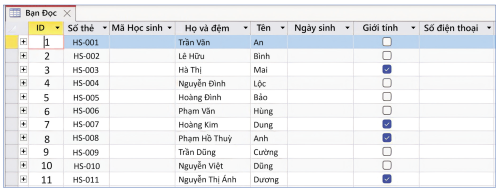 Các trường dữ liệu bảng Bạn Đọc