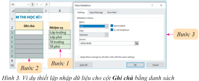 Ví dụ thiết lập nhập dữ liệu cho cột Ghi chú bằng danh sách