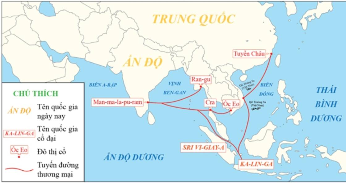 Lược đồ con đường thương mại trên vùng biển Đông Nam Á từ đầu công nguyên đến thế kỉ X olm