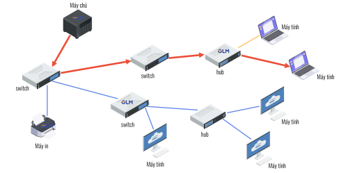 Một mạng LAN sử dụng nhiều tầng switch và hub.