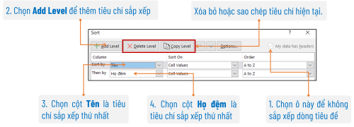 Trình tự thiết lập nhiều tiêu chí trong hộp thoại Sort