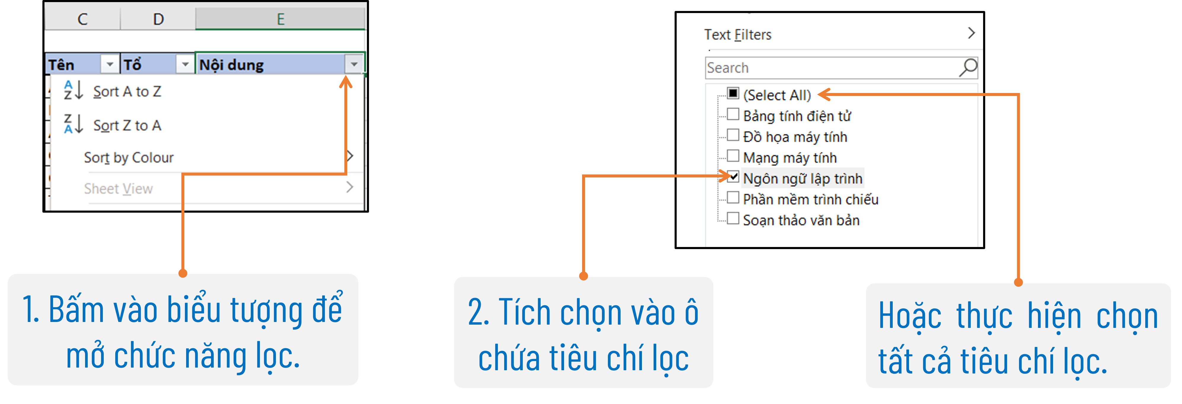 Trình tự thiết lập tiêu chí lọc.