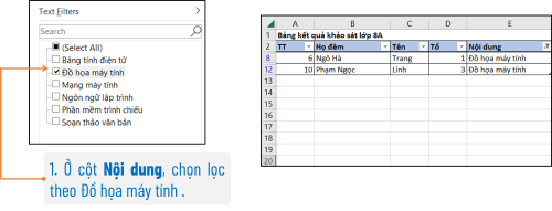 Thao tác và bảng kết quả sau lọc.