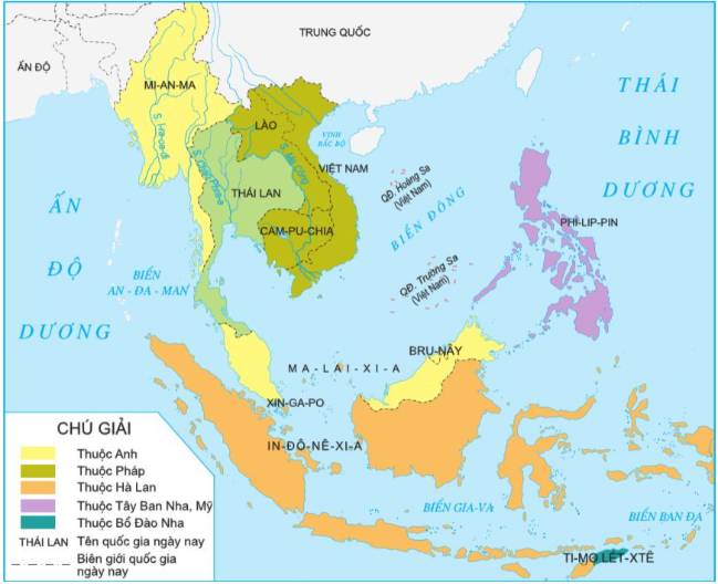 Lược đồ thuộc địa các nước phương Tây ở khu vực Đông Nam Á vào cuối thế kỉ XIX