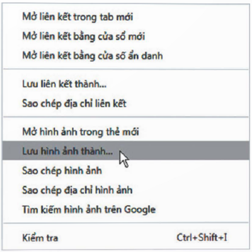 Bảng chọn tắt khi nháy nút phải chuột vào hình ảnh