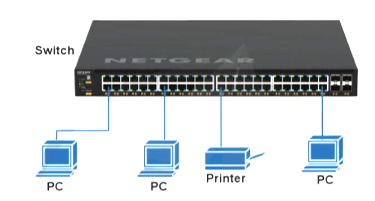 Một số máy tính và máy in được kết nối có dây tới Switch