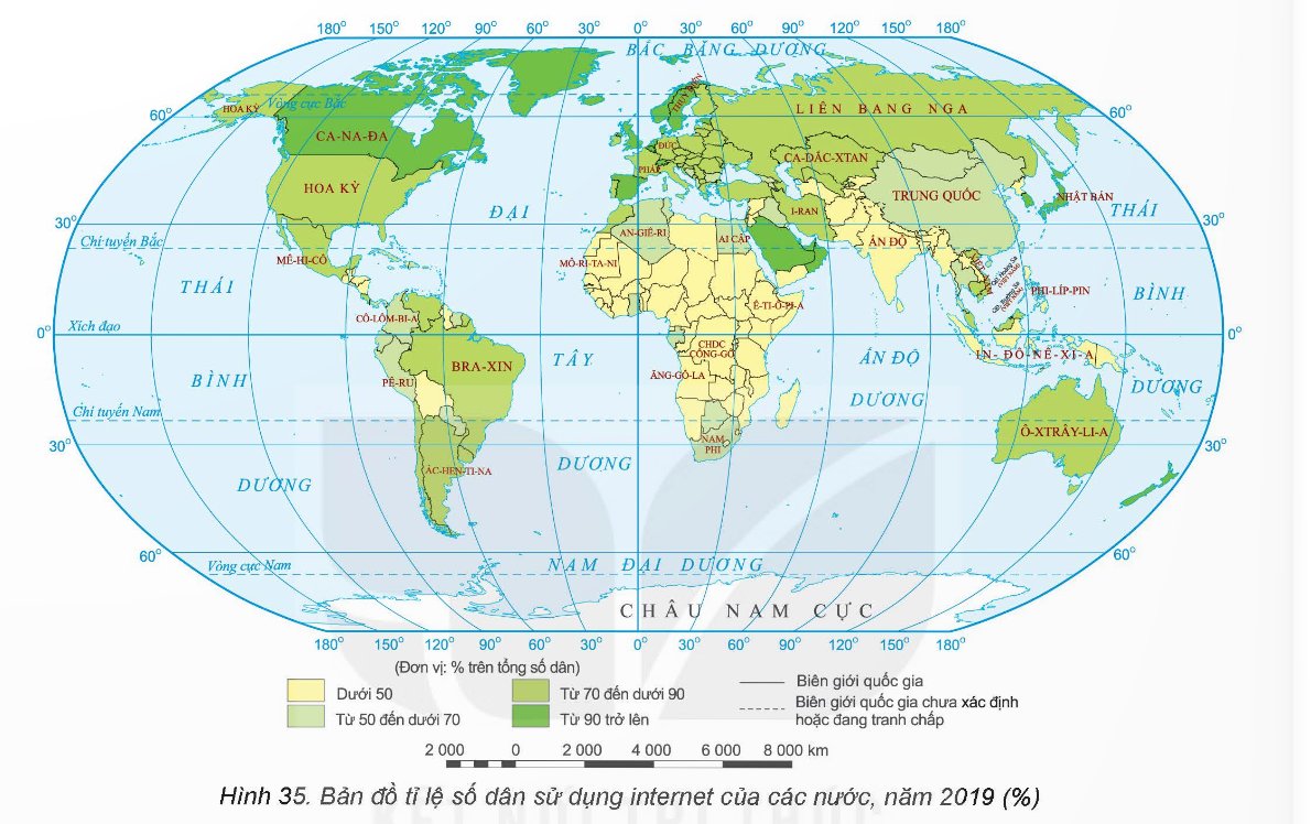 Bản đồ tỉ lệ dân sử dụng internet của các nước, năm 2019 (%)