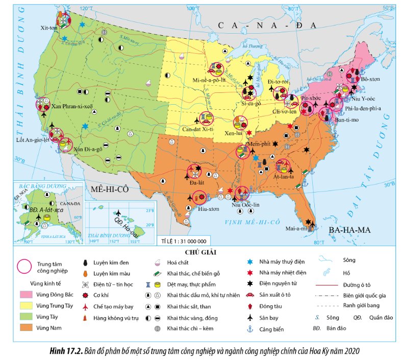 Bản đồ phân bố một số trung tâm CN và ngành Cn chính của Hoa Kỳ 2020