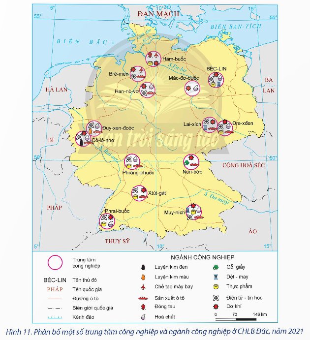  Lược đồ sự phân bố một số trung tâm công nghiệp và ngành công nghiệp ở CHLB Đức, năm 2021