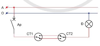 Công nghệ 9, Sơ đồ nguyên lí mạch điện hai công tắc ba cực điều khiển một đèn.olm