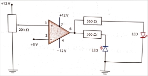 Công nghệ 12, Sơ đồ nguyên lí mạch so sánh có chỉ thị LED dùng IC 741