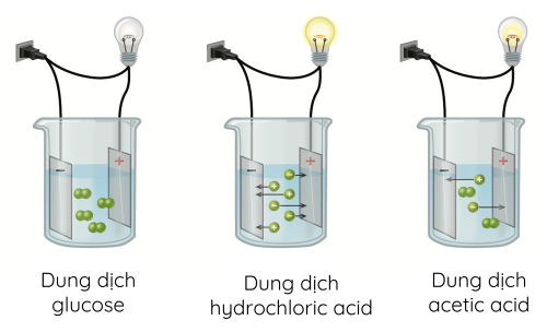 Hóa học 11, Khảo sát khả năng dẫn điện của dung dịch đường, dung dịch muối ăn và dung dịch acetic acid