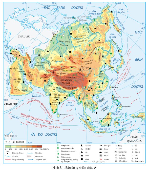 Hình 5.1 Bản đồ tự nhiên châu Á
