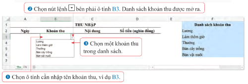 Nhập tên khoản thu cho ô tính B3