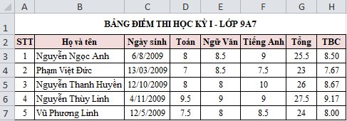 olm, Tin học 9, Cánh diều, Bảng dữ liệu ví dụ IF