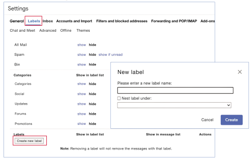 Cửa sổ tạo nhãn mới trọng Gmail - olm